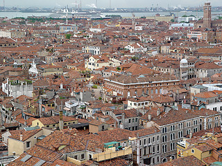 Image showing Top view of Venice roof and sea port.