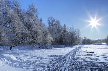 Image showing Snow ski trail and Sun