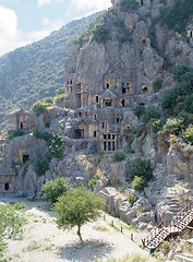 Image showing Catacombs carved into the rocks in Demre Turkey