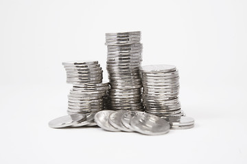 Image showing Stacks of silver coins