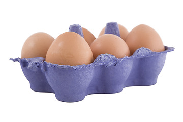 Image showing brown hens eggs in blue egg carton