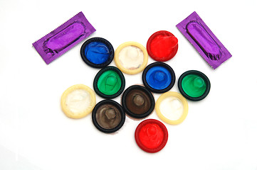 Image showing Brightly Coloured Condoms with Packs