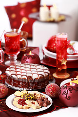 Image showing Christmas cookies with marchpane cake and  wine punch