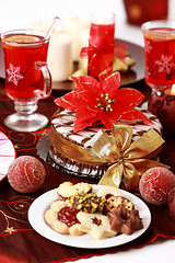 Image showing Marchpane cake with wine punch and cookies