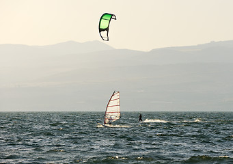 Image showing Sky-surfing and surfing on lake Kinneret