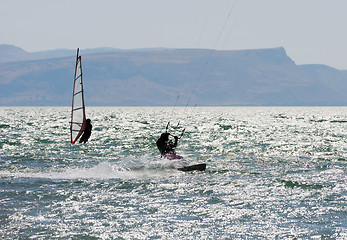 Image showing Sky-surfing and surfing on lake Kinneret