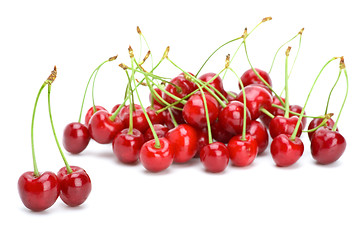 Image showing Some ripe red cherries with stalks