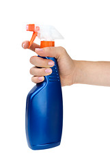 Image showing Hand holding blue sprayer bottle