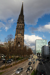 Image showing Nikolaj Kirche (War Memorial) and cars on a street in Hamburg, Germany