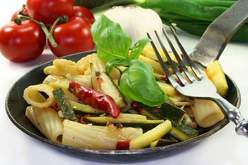 Image showing Tortiglione with fiery chili zucchini