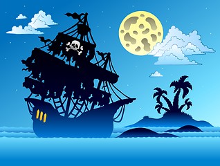 Image showing Pirate ship silhouette with island