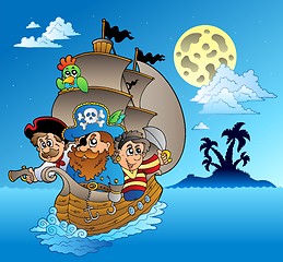 Image showing Three pirates and island silhouette