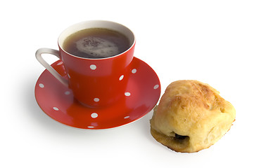 Image showing Red coffee cup and a bun