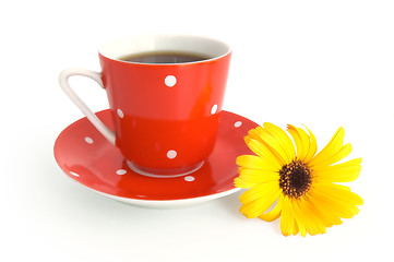 Image showing Red coffee cup with a yellow flower