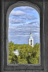 Image showing The bell tower of the Transfiguration Cathedral from the window