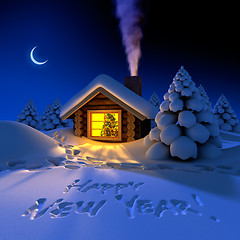 Image showing Little house in the woods on New Year's night