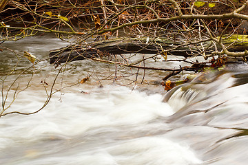 Image showing Falls on the small mountain river in a wood shooted in autumn