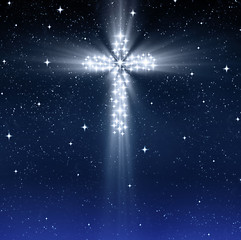 Image showing glowing religious cross in stars