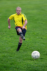 Image showing Soccer player hitting a ball