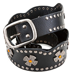 Image showing Black leather belt with yellow stone and steel buckle