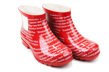 Image showing Red rubber boots with inscription