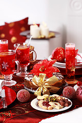 Image showing Christmas cookies with marchpane cake and  wine punch