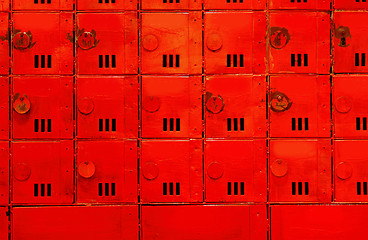 Image showing aged mailboxes spain condominium wooden wall rusty brass