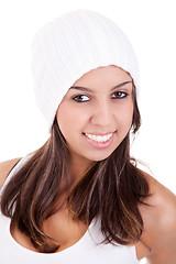 Image showing Beautiful young Woman Smiling with a hood