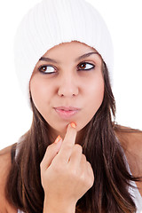 Image showing Beautiful young Woman thinking with a hood,