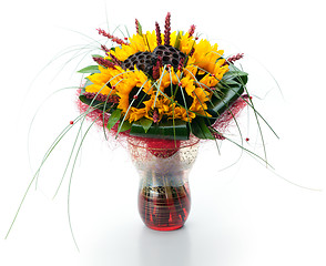 Image showing Festive bouquet of sunflowers