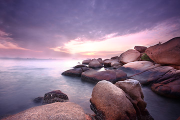 Image showing Sea stones at sunset