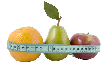 Image showing orange, pear and red apple with measurement tape