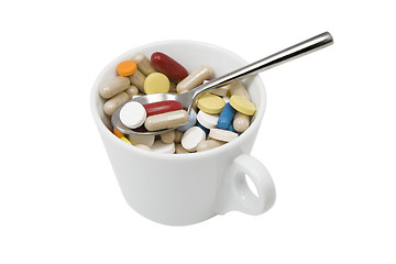 Image showing cup of multicolored tablets and capsules with spoon