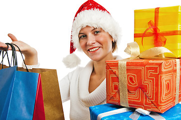 Image showing Portrait of the young woman with New Year's gifts, it is isolate