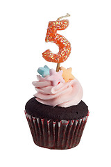 Image showing Mini cupcake with birthday candle for five year old