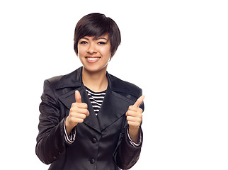 Image showing Happy Young Mixed Race Woman With Thumbs Up on White