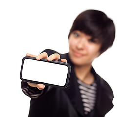 Image showing Smiling Young Mixed Race Woman Holding Blank Smart Phone