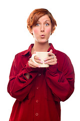 Image showing Pretty Red Haired Girl with Hot Drink Mug Isolated