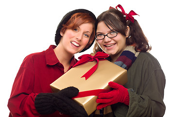 Image showing Two Pretty Girlfriends Holding A Holiday Gift