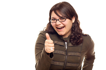 Image showing Excited Young Caucasian Woman With Thumbs Up on White