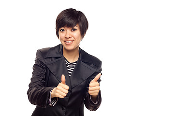 Image showing Happy Young Mixed Race Woman With Thumbs Up on White