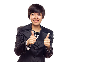 Image showing Happy Young Mixed Race Woman With Thumbs Up on White