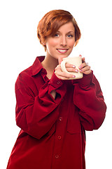 Image showing Pretty Red Haired Girl with Hot Drink Mug Isolated