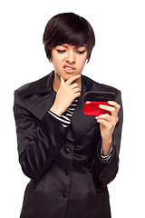 Image showing Frustrated Young Mixed Race Woman Looking At Cell Phone