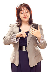 Image showing Happy Young Caucasian Woman Texting On Mobile Phone