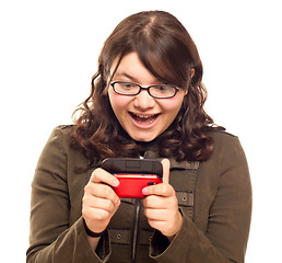 Image showing Excited Young Caucasian Woman Texting on Her Mobile Phone