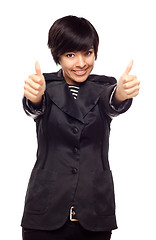 Image showing Happy Young Mixed Race Woman With Thumbs Up on White