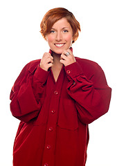 Image showing Pretty Red Haired Girl Wearing a Warm Red Corduroy Shirt