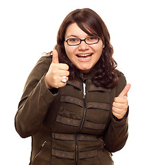 Image showing Excited Young Caucasian Woman With Thumbs Up