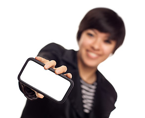 Image showing Smiling Young Mixed Race Woman Holding Blank Smart Phone